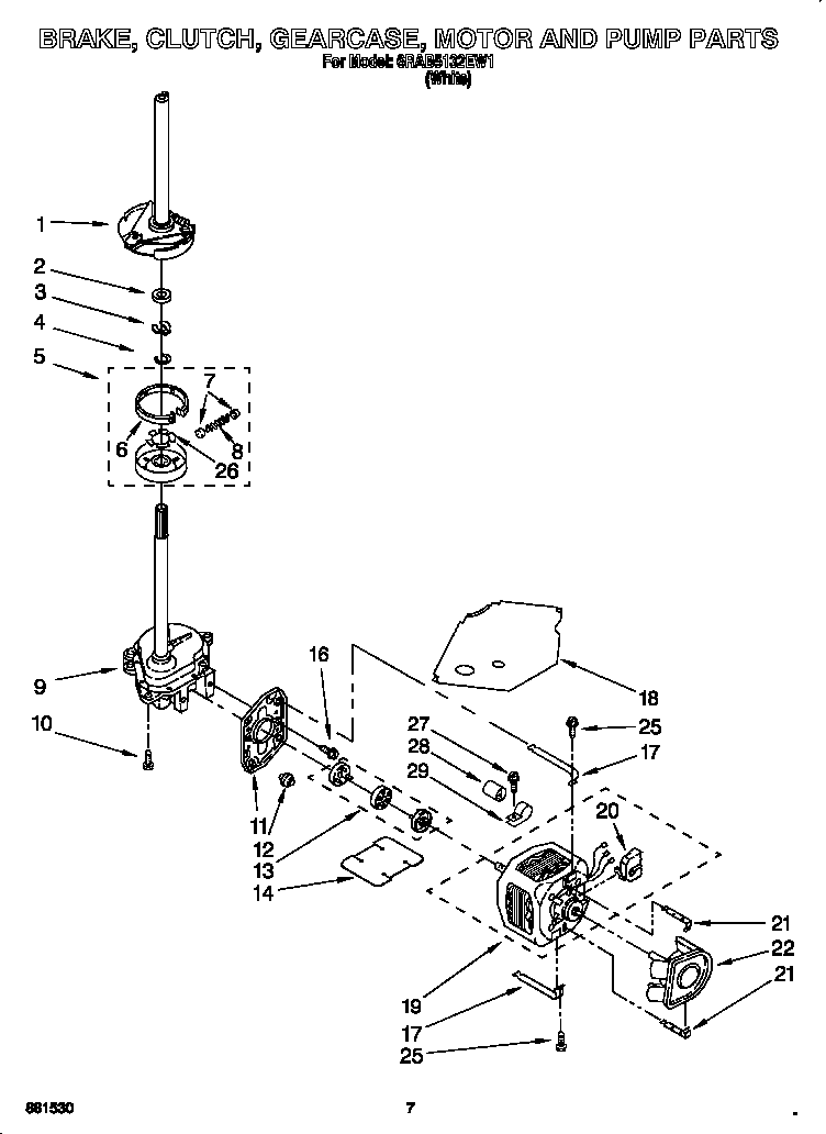 Whirlpool 6RAB5132EW1 brake, clutch, gearcase, motor and pump diagram