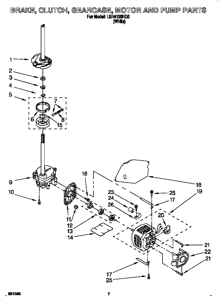 Whirlpool LSR4100HQ0 brake, clutch, gearcase, motor and pump diagram