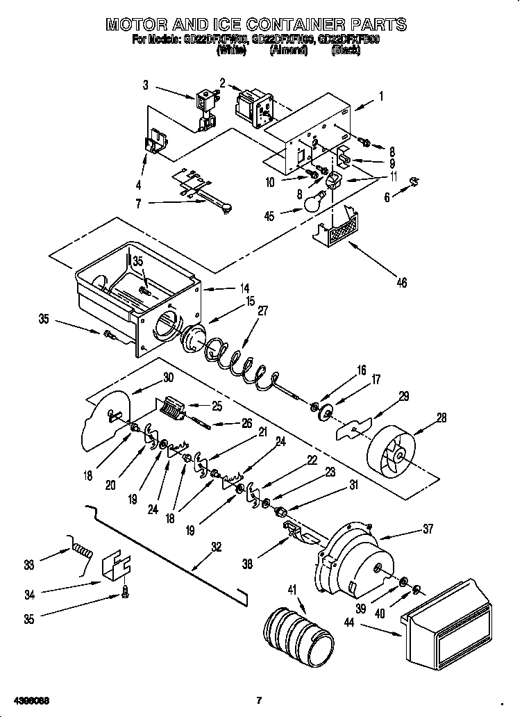 Whirlpool GD22DFXFN00 motor and ice container diagram