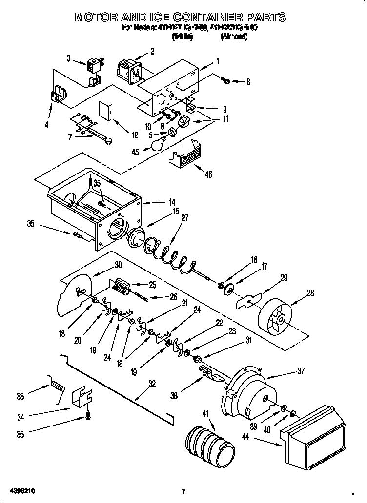 Whirlpool 4YED27DQFN00 motor and ice container diagram