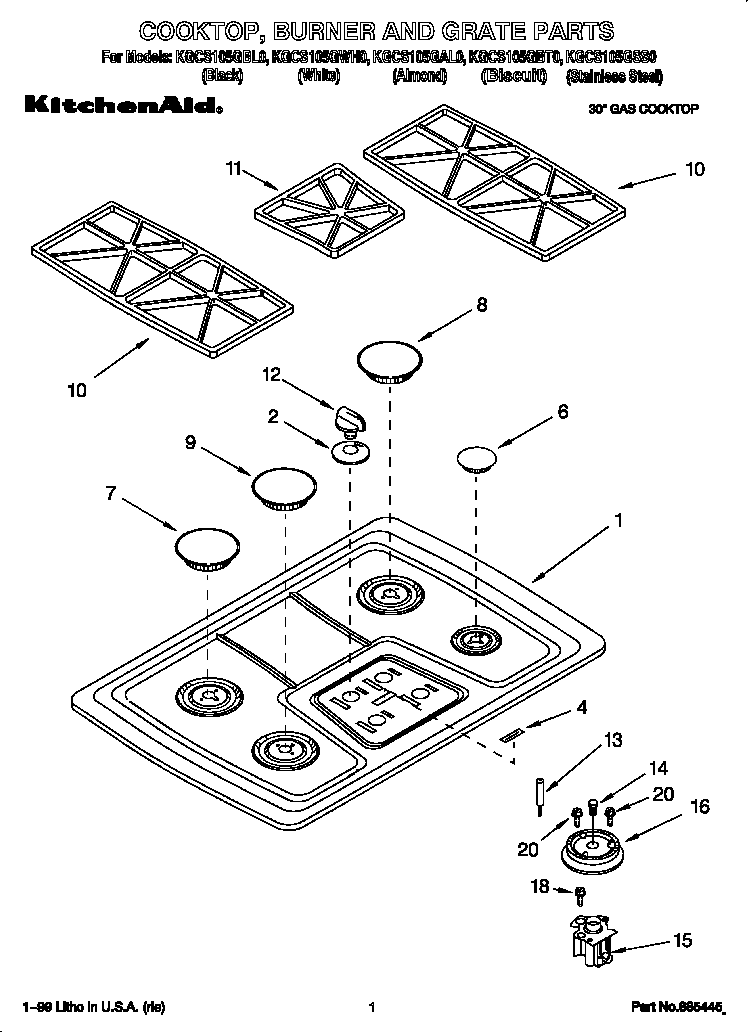 KitchenAid KGCS105GBL0 cooktop, burner, grate diagram