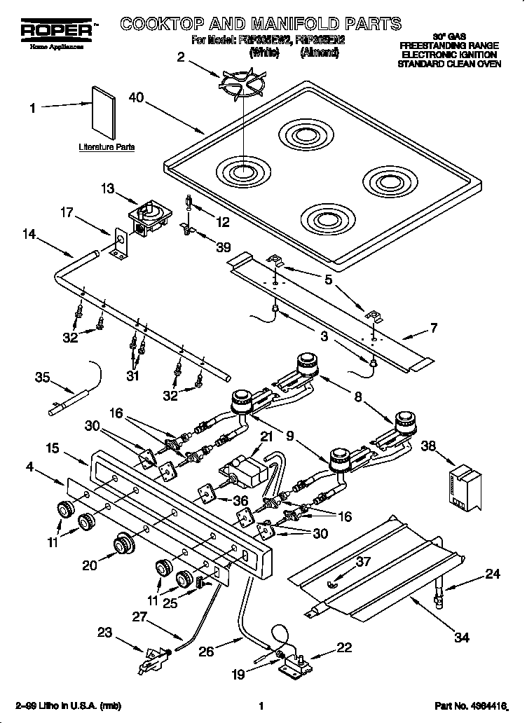 Roper FGP305EW2 cooktop & manifold diagram