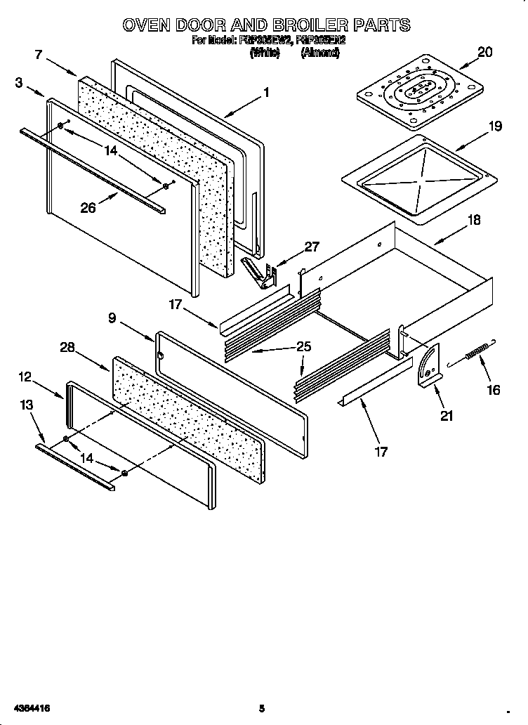 Roper FGP305EW2 oven door & broiler diagram