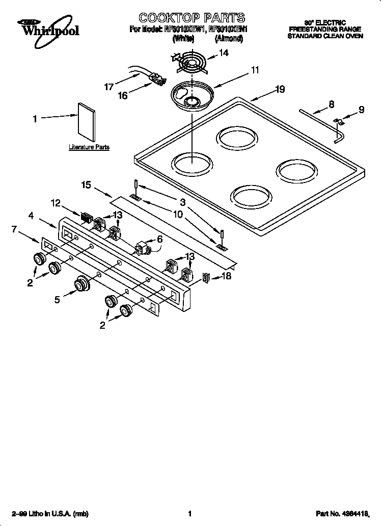 Whirlpool RF3010XEN1 cooktop diagram