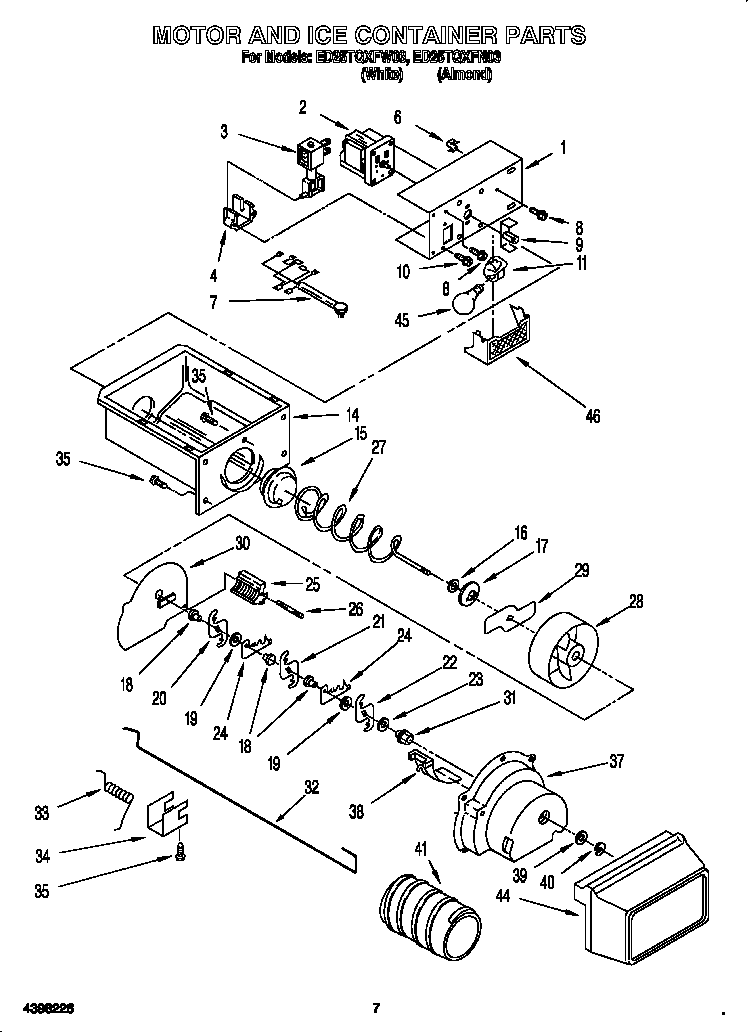 Whirlpool ED25TQXFN03 motor and ice container diagram