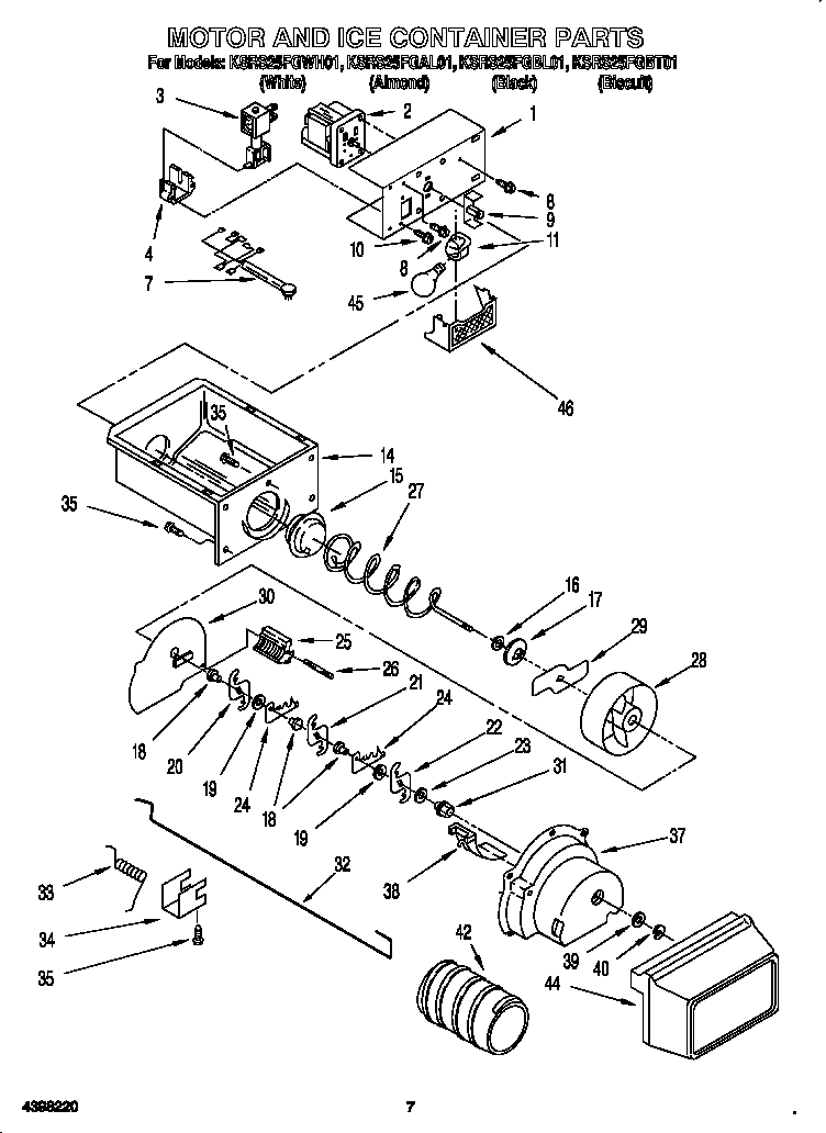 KitchenAid KSRS25FGBT01 motor and ice container diagram