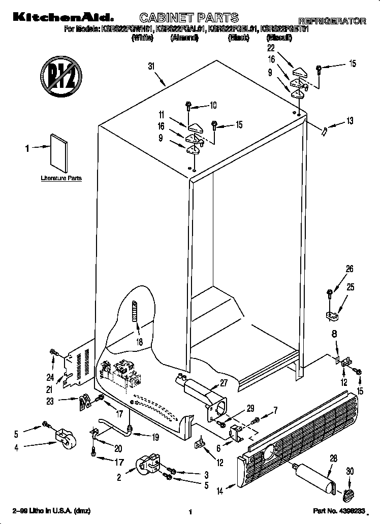 KitchenAid KSRS22FGWH01 cabinet diagram