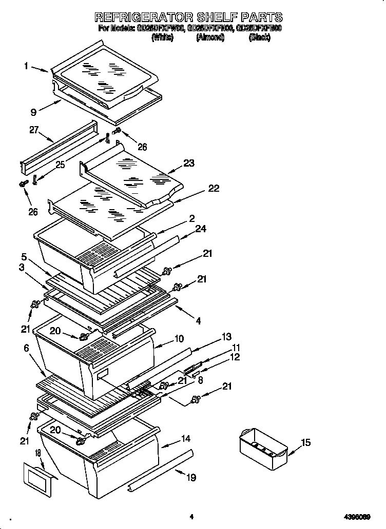 Whirlpool GD25DFXFB00 refrigerator shelves diagram