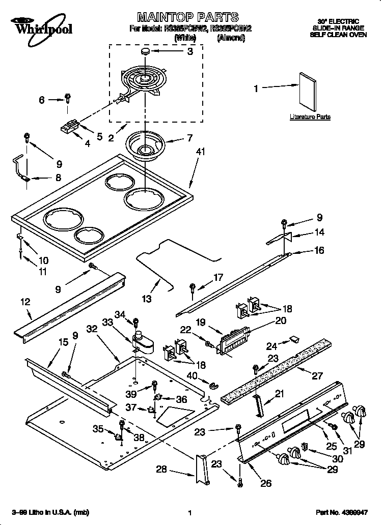 Whirlpool RS385PCBW2 maintop diagram