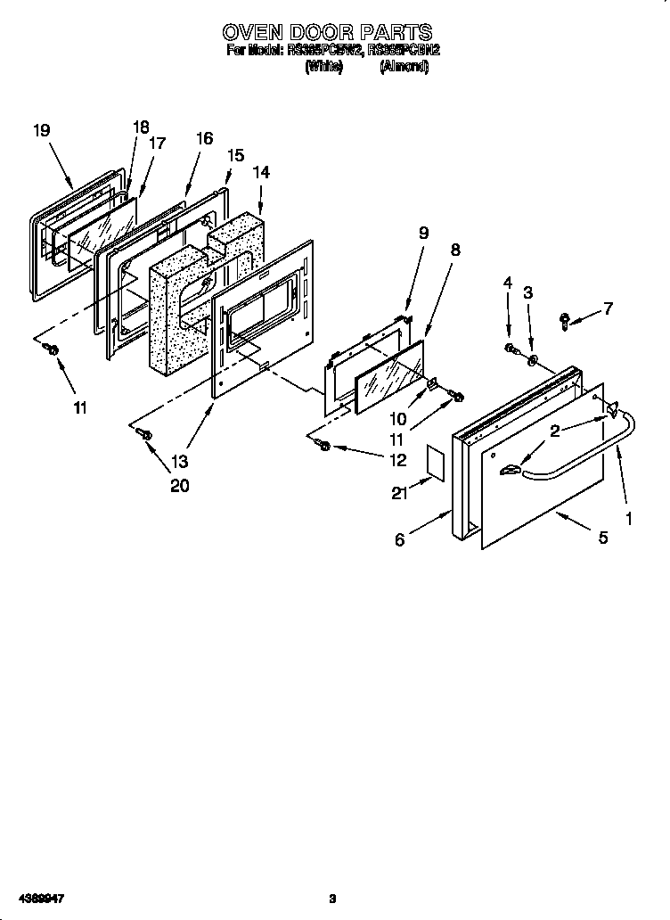 Whirlpool RS385PCBW2 oven door diagram