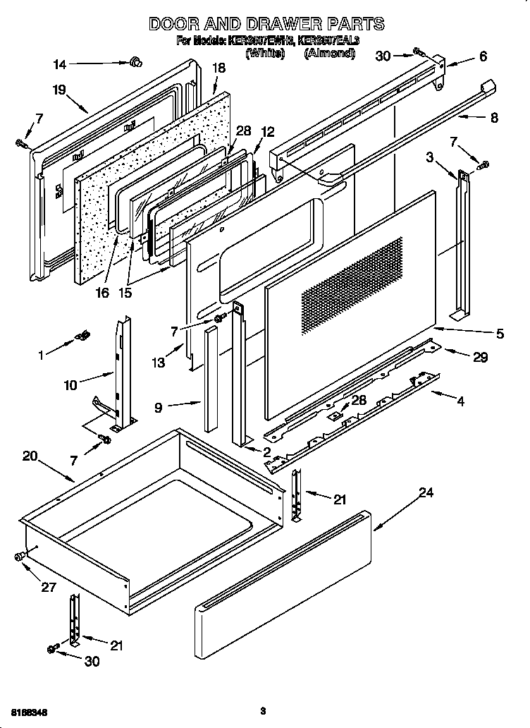 KitchenAid KERS507EWH3 door and drawer diagram