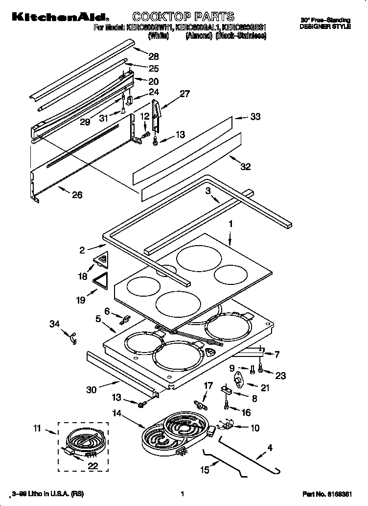 KitchenAid KERC600GWH1 cooktop diagram