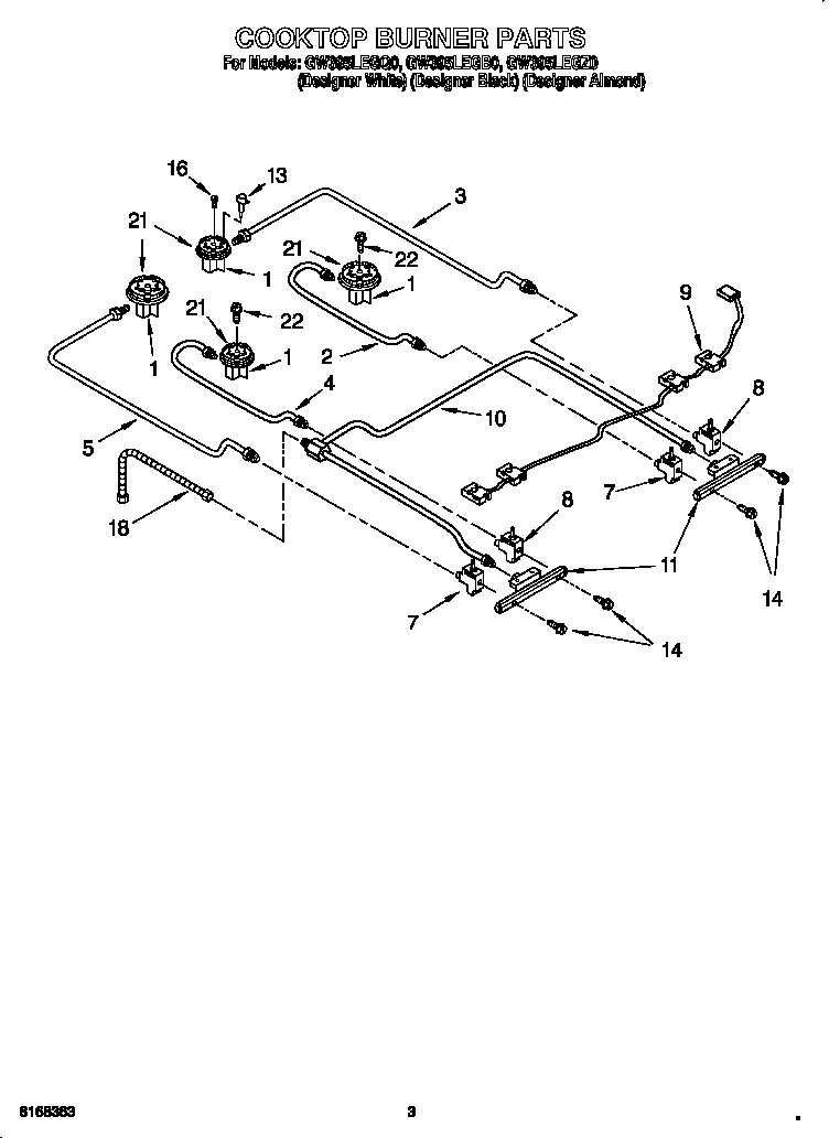 Whirlpool GW395LEGZ0 cooktop burners diagram