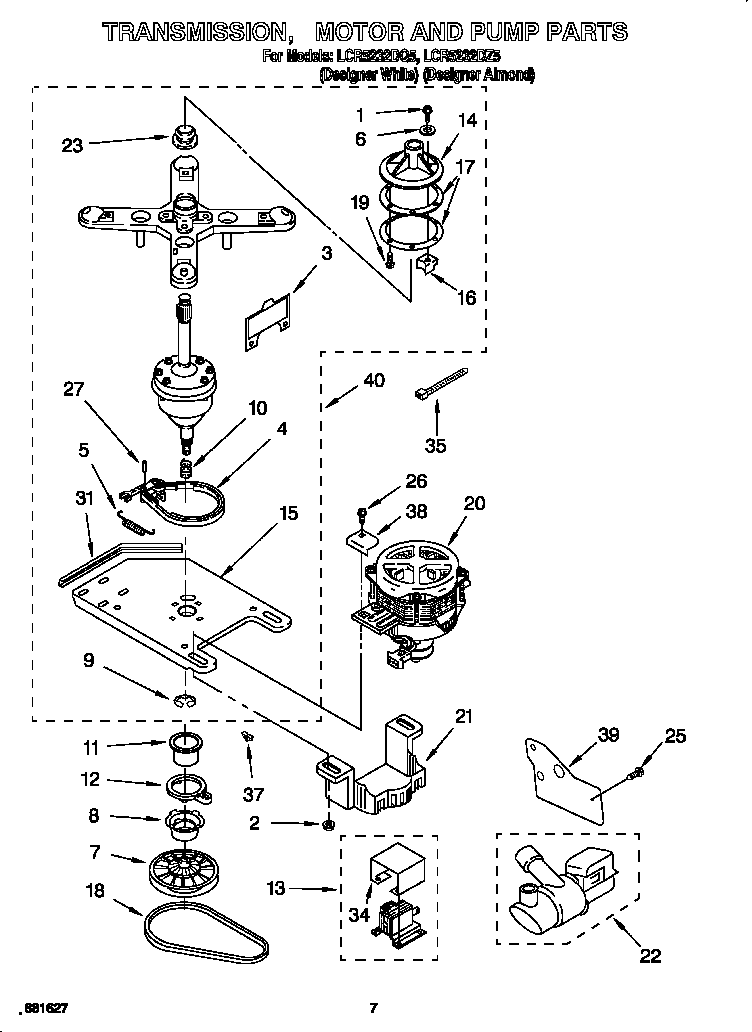 Whirlpool LCR5232DZ5 transmission, motor and pump parts diagram