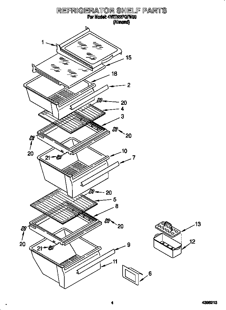 Whirlpool 4YED22PQFN00 refrigerator shelves diagram