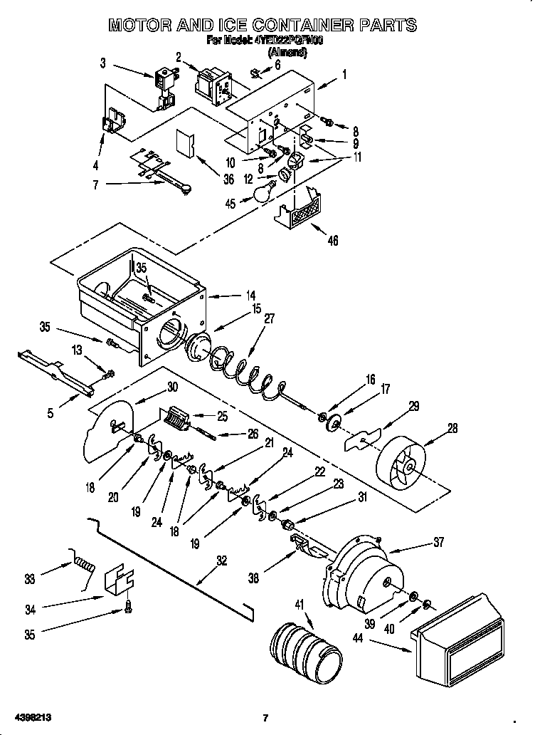 Whirlpool 4YED22PQFN00 motor and ice container diagram