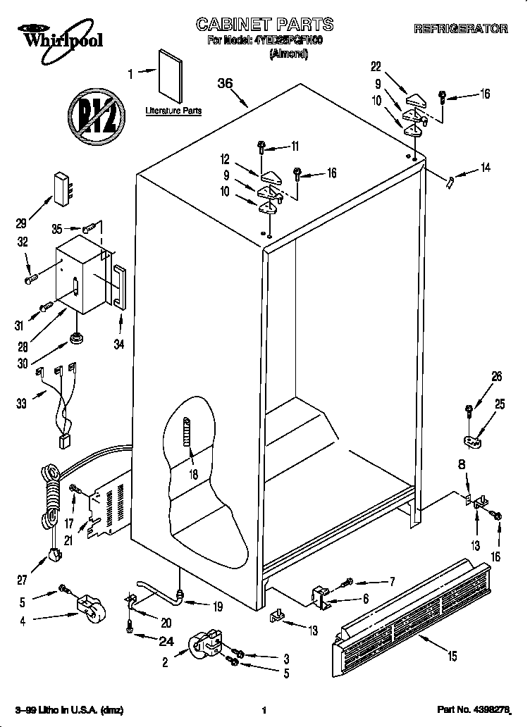 Whirlpool 4YED25PQFN00 cabinet diagram