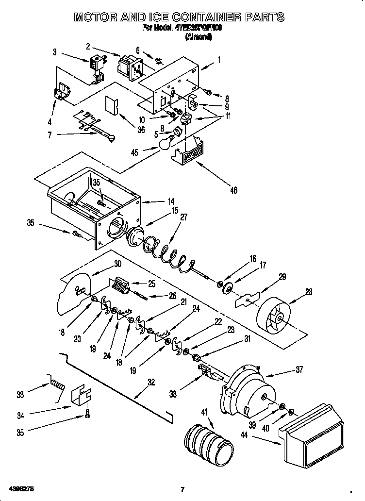Whirlpool 4YED25PQFN00 motor and ice container diagram