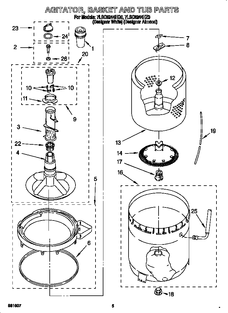 Whirlpool 7LSC8244HQ0 agitator, basket and tub diagram