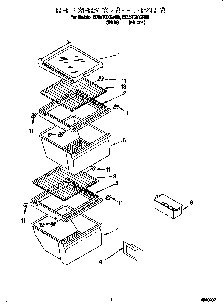 Whirlpool ED25TQXGN00 refrigerator shelves diagram