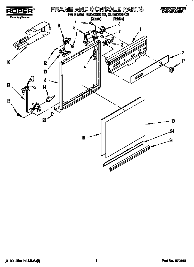 Roper RUD5000HB0 frame and console diagram