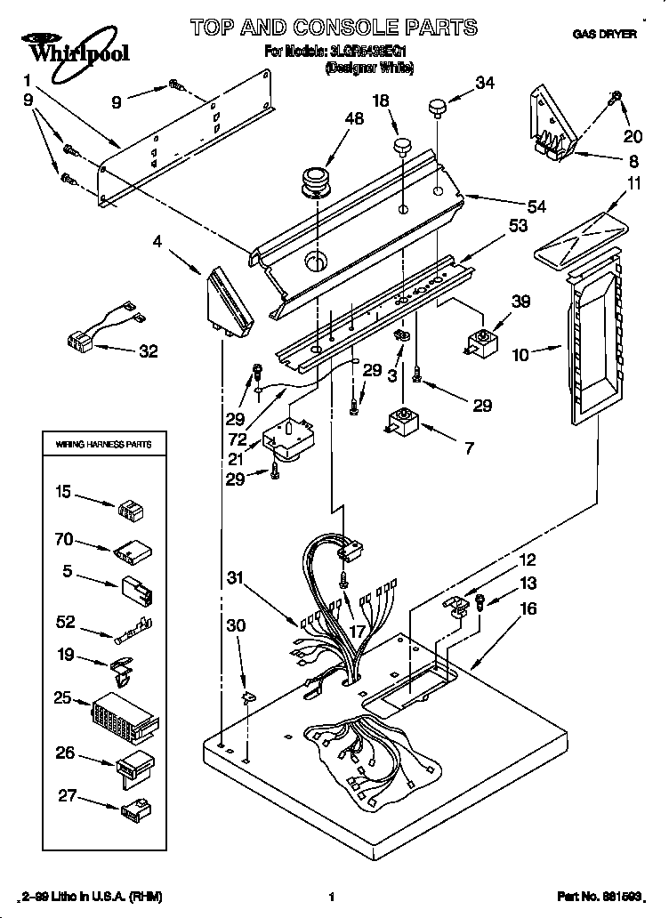 Whirlpool 3LGR5436EQ1 top and console diagram
