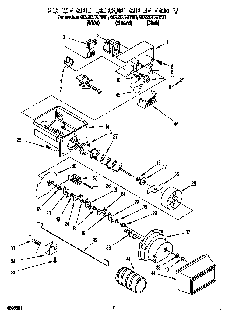 Whirlpool GD22DFXFW01 motor and ice container diagram