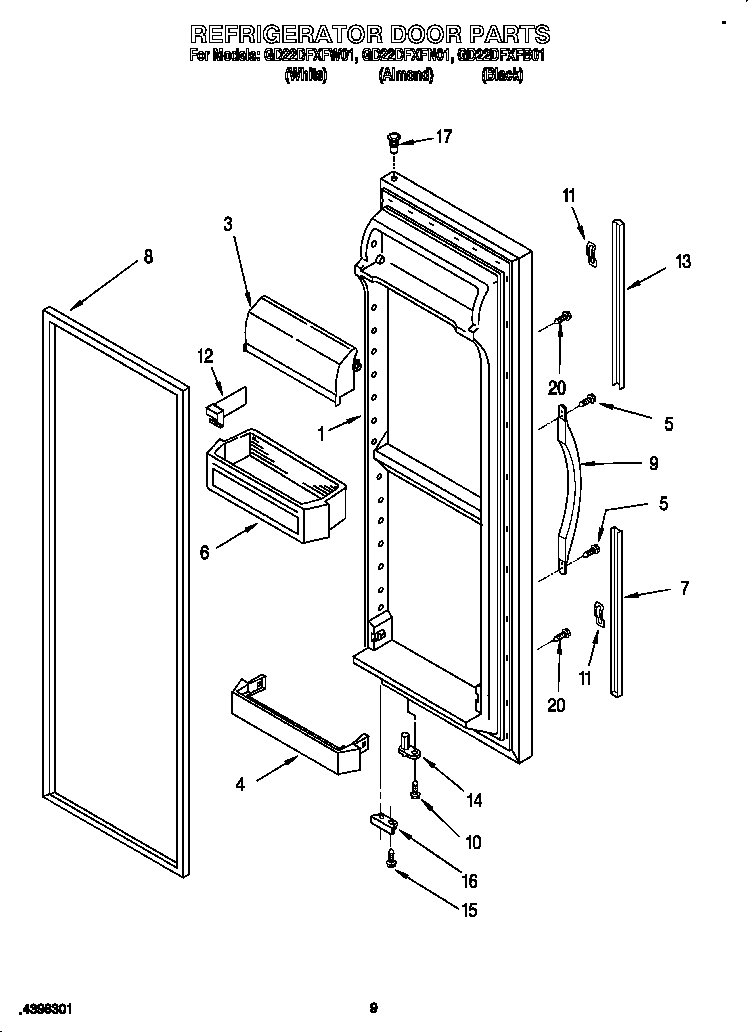 Whirlpool GD22DFXFW01 refrigerator door diagram