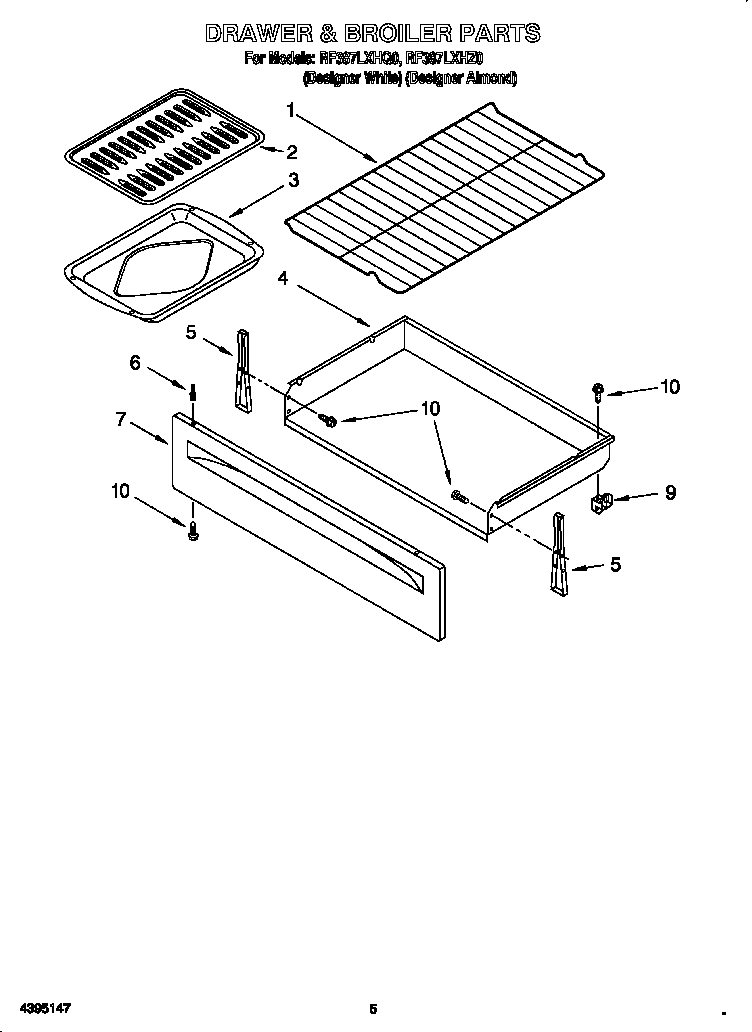 Whirlpool RF387LXHZ0 drawer and broiler diagram