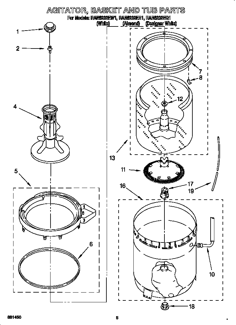 Roper RAB5232EW1 agitator, basket and tub diagram