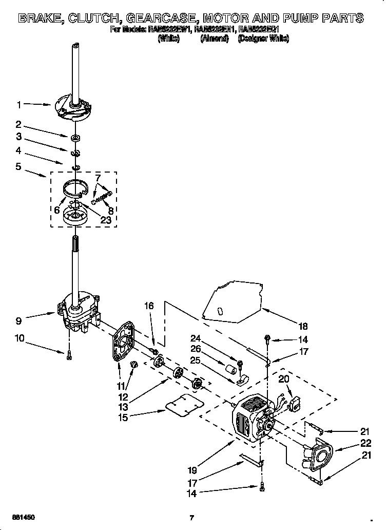 Roper RAB5232EW1 brake, clutch, gearcase, motor and pump diagram