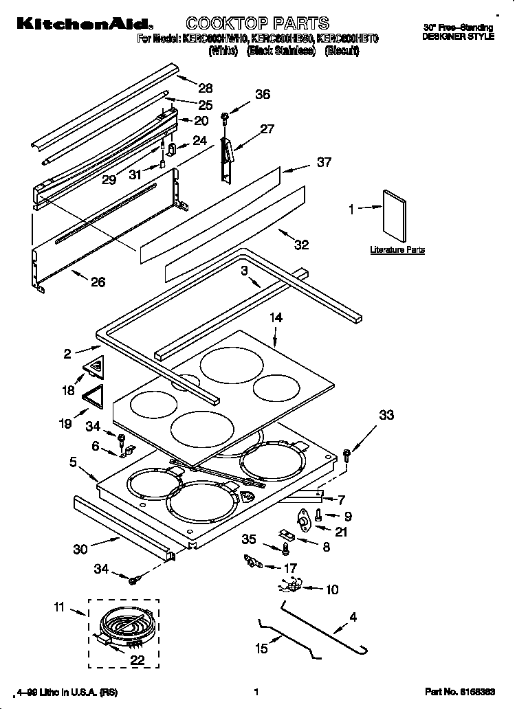 KitchenAid KERC600HWH0 cooktop diagram