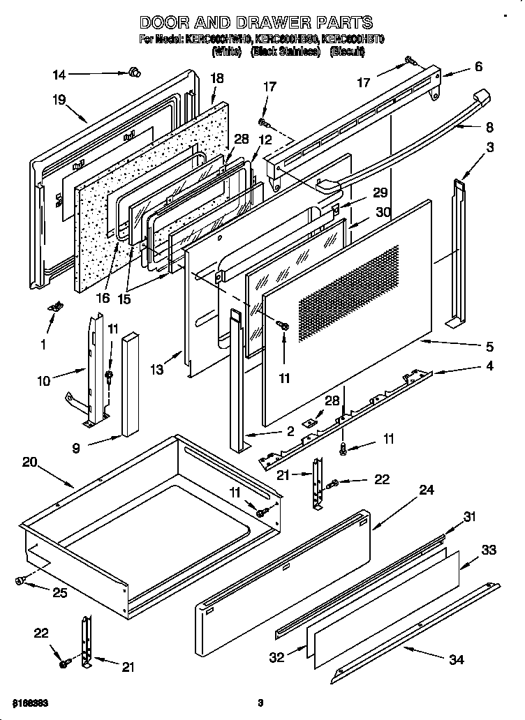 KitchenAid KERC600HWH0 door and drawer diagram