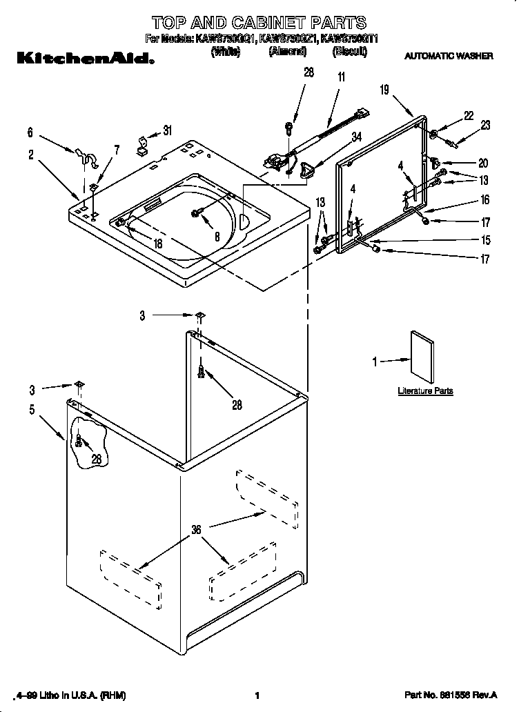 KitchenAid KAWS750GQ1 top and cabinet diagram