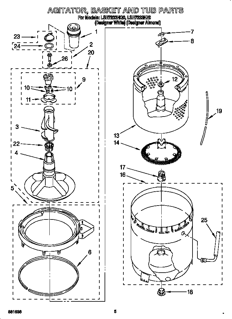 Whirlpool LSR7233HQ0 agitator, basket and tub diagram