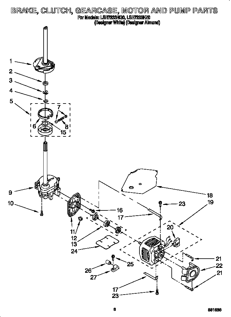 Whirlpool LSR7233HQ0 brake, clutch, gearcase, motor and pump diagram