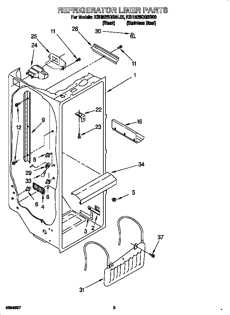 KitchenAid KSRB25QGBL00 refrigerator liner diagram