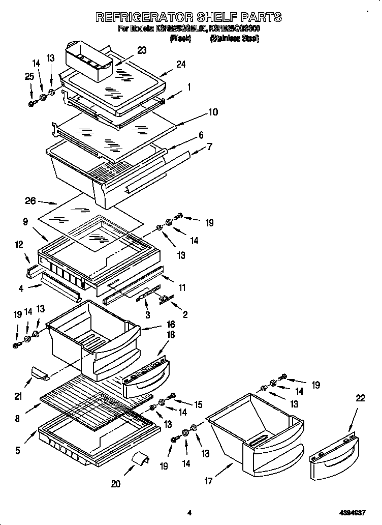KitchenAid KSRB25QGBL00 refrigerator shelf diagram