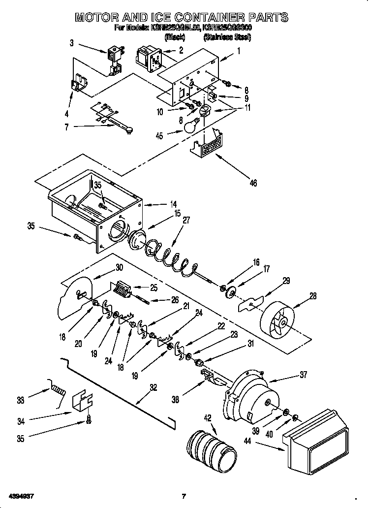 KitchenAid KSRB25QGBL00 motor and ice container diagram