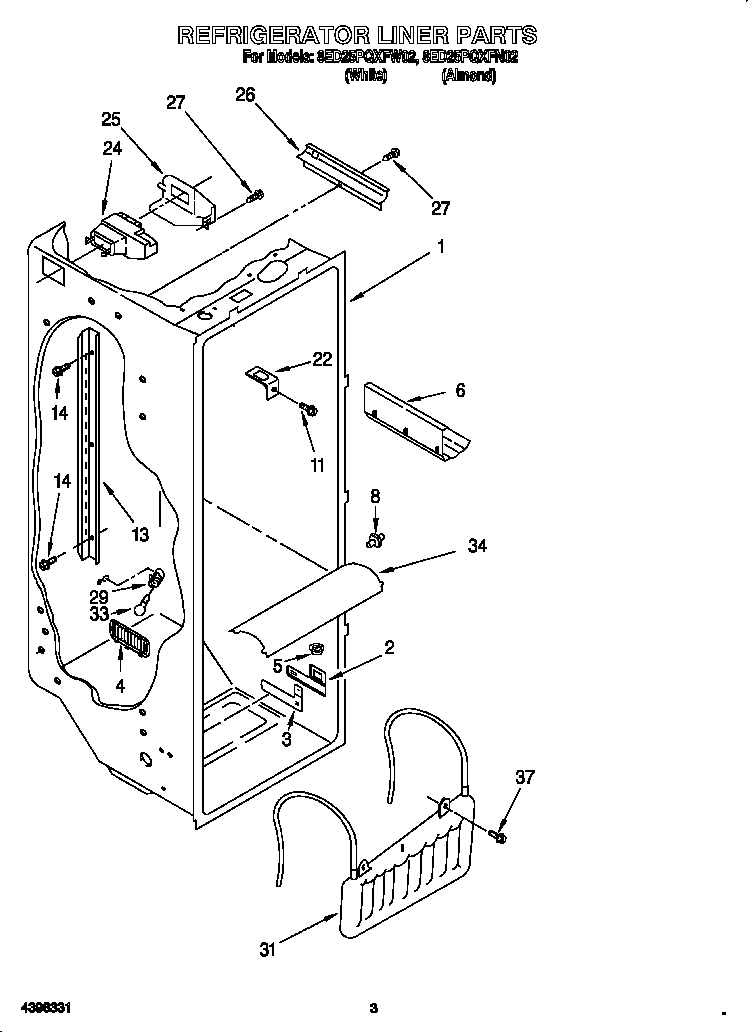 Whirlpool 8ED25PQXFW02 refrigerator liner diagram