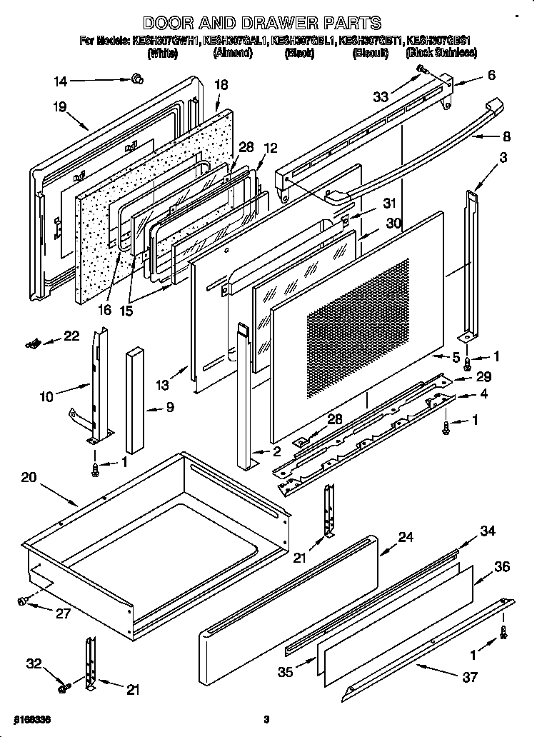 KitchenAid KESH307GBL1 door and drawer diagram