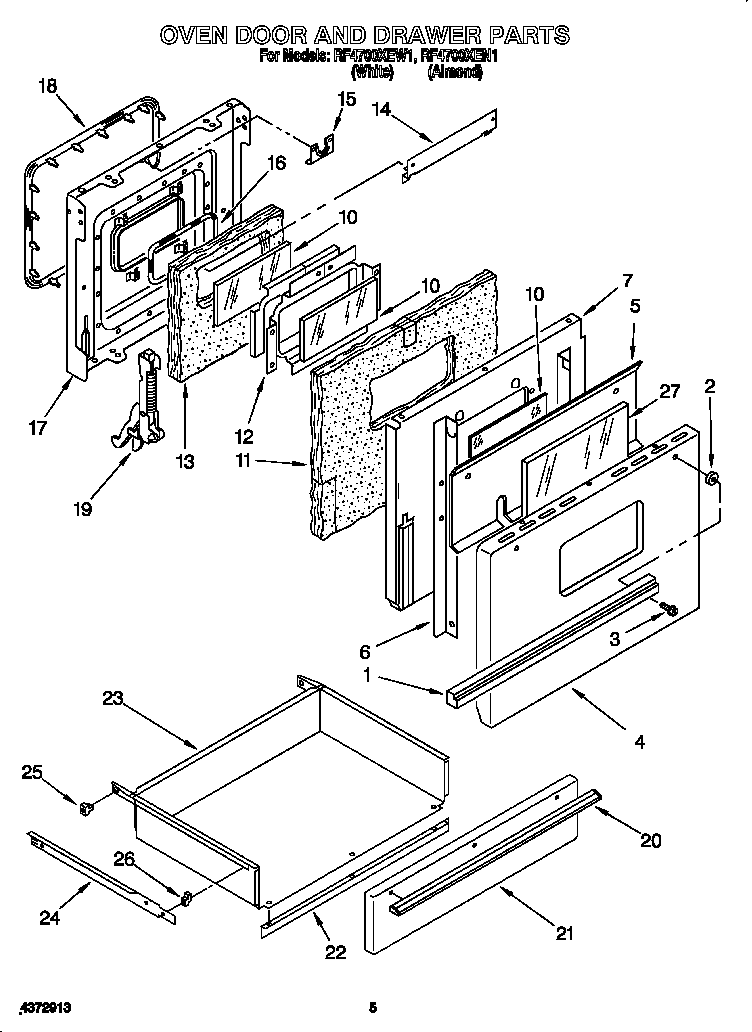 Whirlpool RF4700XEN1 oven door and drawer diagram