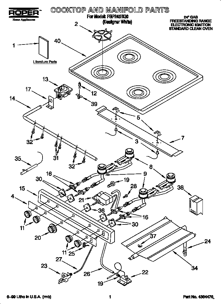 Roper FGP245HQ0 cooktop and manifold diagram