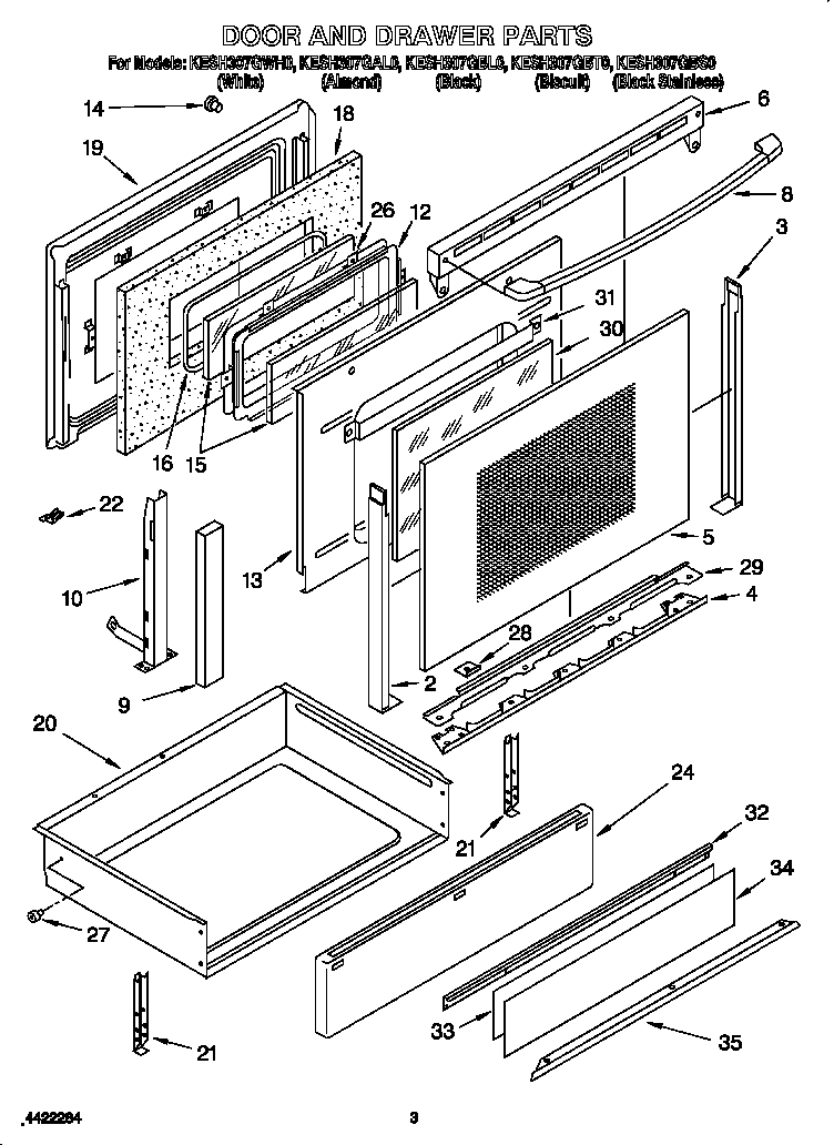 KitchenAid KESH307GWH0 door and drawer diagram