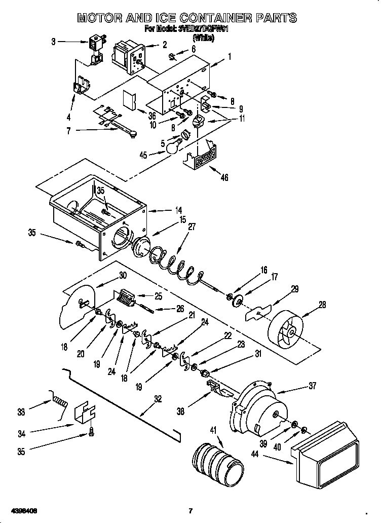 Whirlpool 3VED27DQFW01 motor and ice container diagram