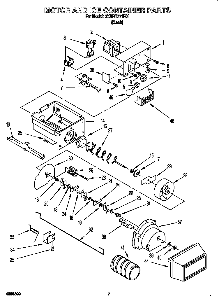 Whirlpool 3XART721F01 motor and ice container diagram