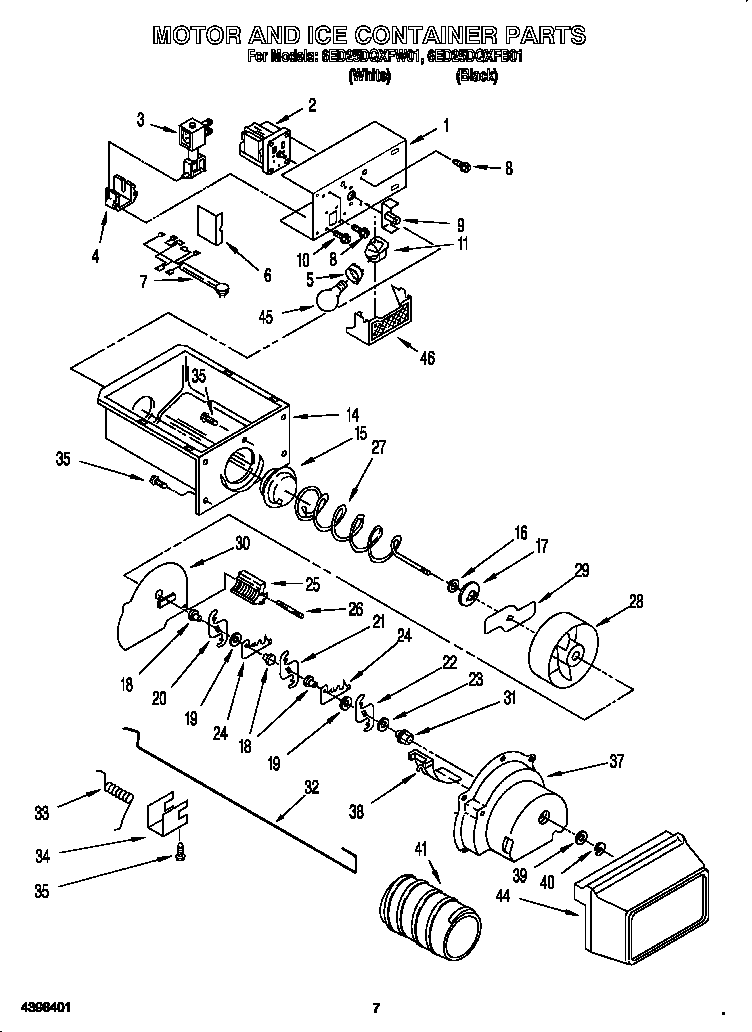 Whirlpool 6ED25DQXFB01 motor and ice container diagram