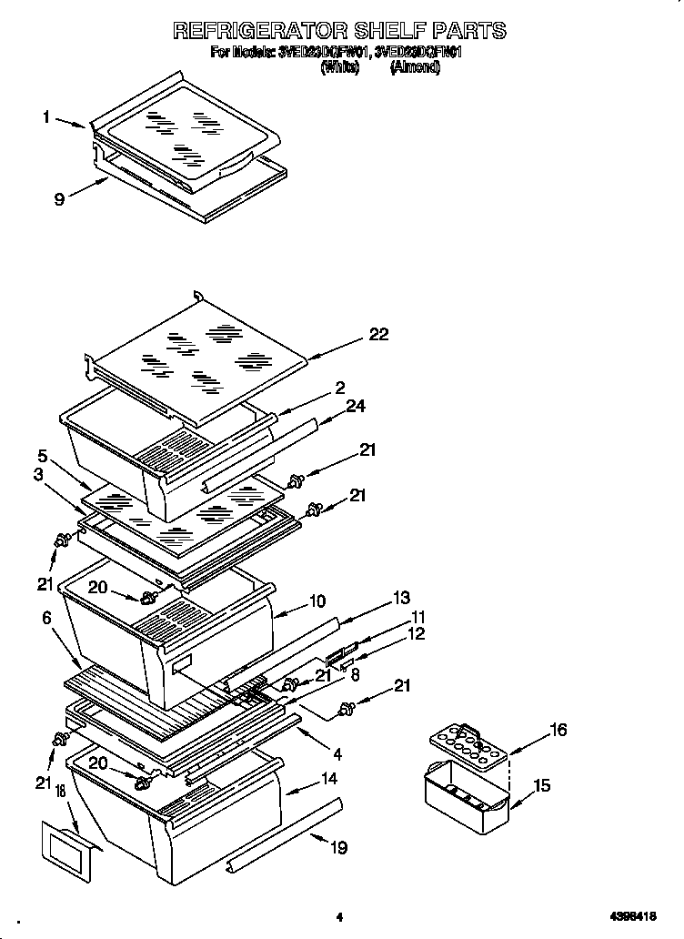 Whirlpool 3VED23DQFW01 refrigerator shelves diagram