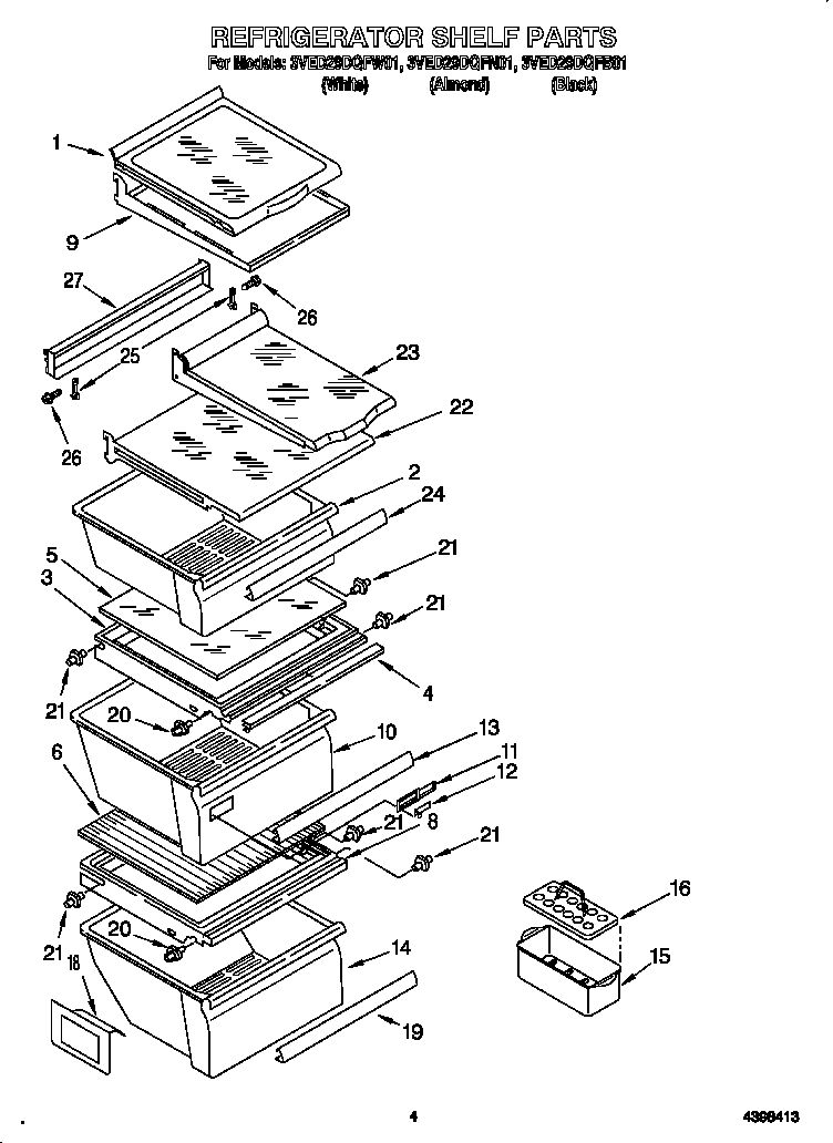 Whirlpool 3VED29DQFW01 refrigerator shelves diagram
