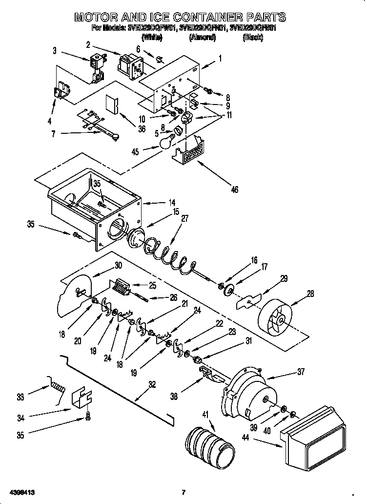 Whirlpool 3VED29DQFW01 motor and ice container diagram